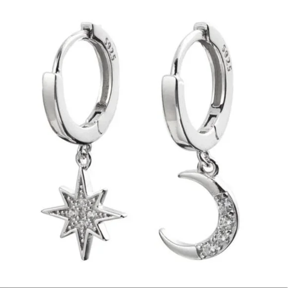 NEW 925 STERLING SILVER DIAMOND MOON STAR HOOPS, nice hoops, cute hoops - Picture 6 of 7